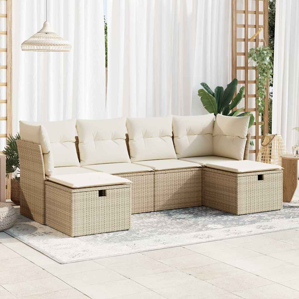 6-tlg. Garten-Sofagarnitur mit Kissen Schwarz Poly Rattan