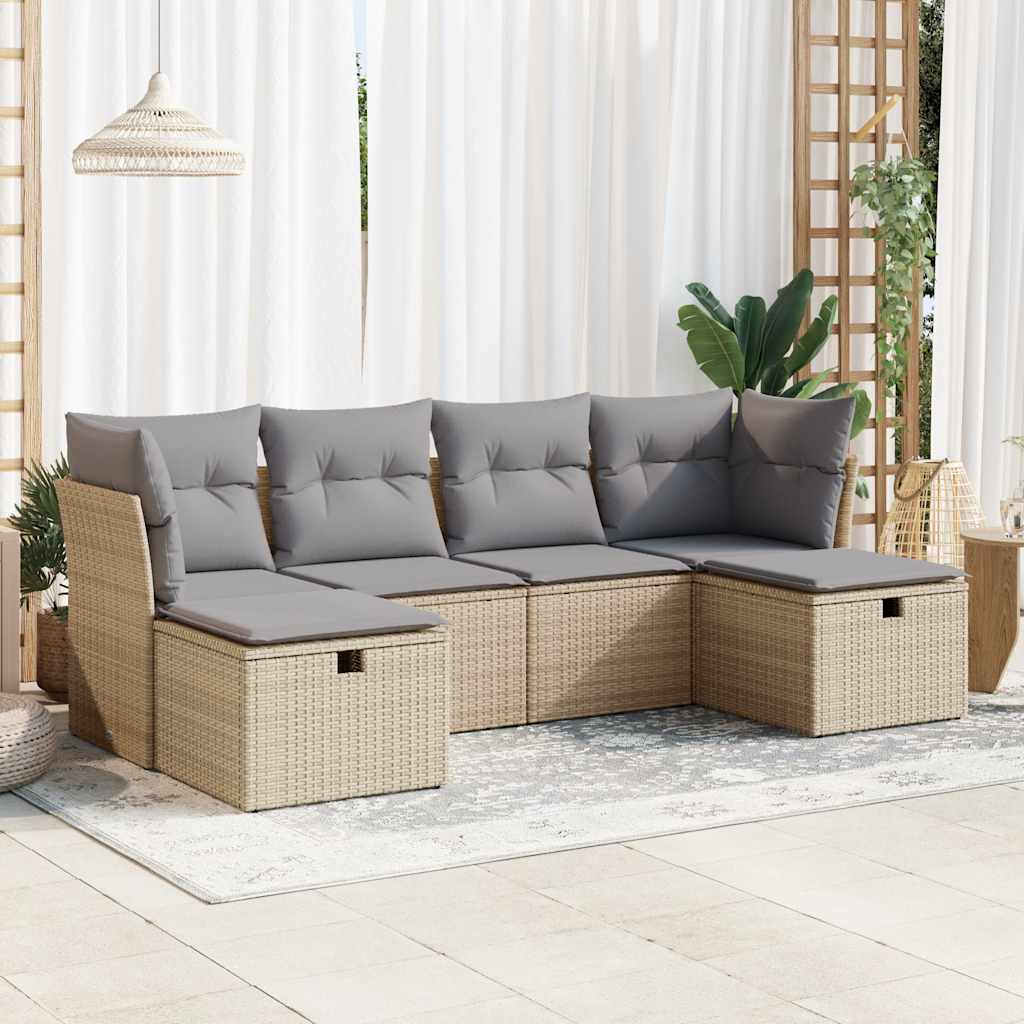 6-tlg. Garten-Sofagarnitur mit Kissen Schwarz Poly Rattan