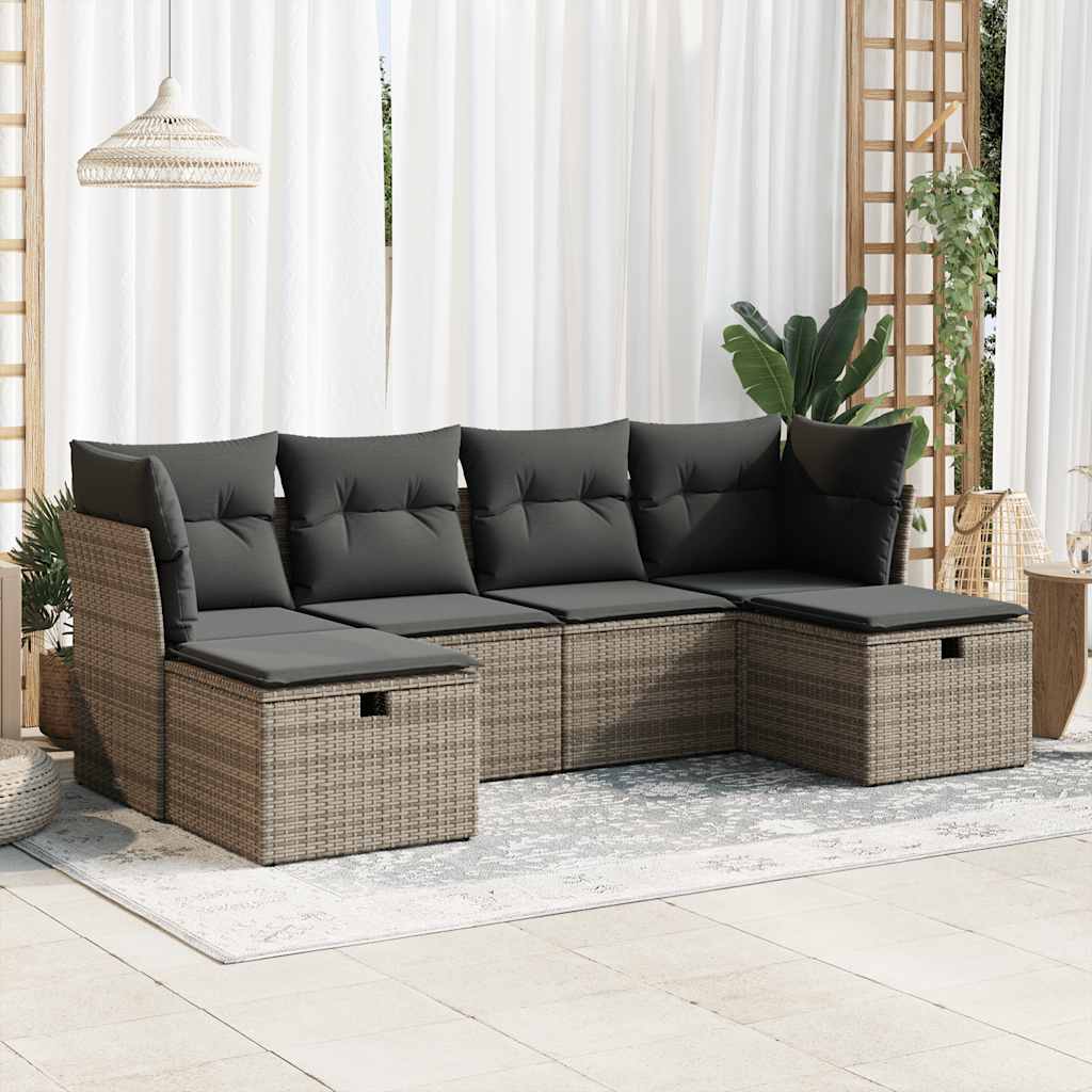 6-tlg. Garten-Sofagarnitur mit Kissen Schwarz Poly Rattan