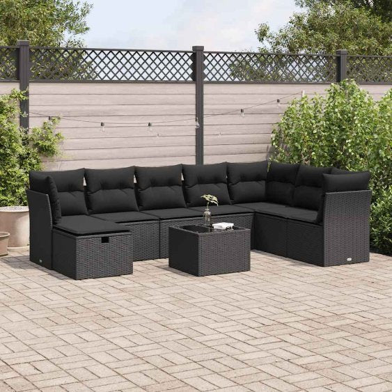 8-tlg. Garten-Sofagarnitur mit Kissen Schwarz Poly Rattan