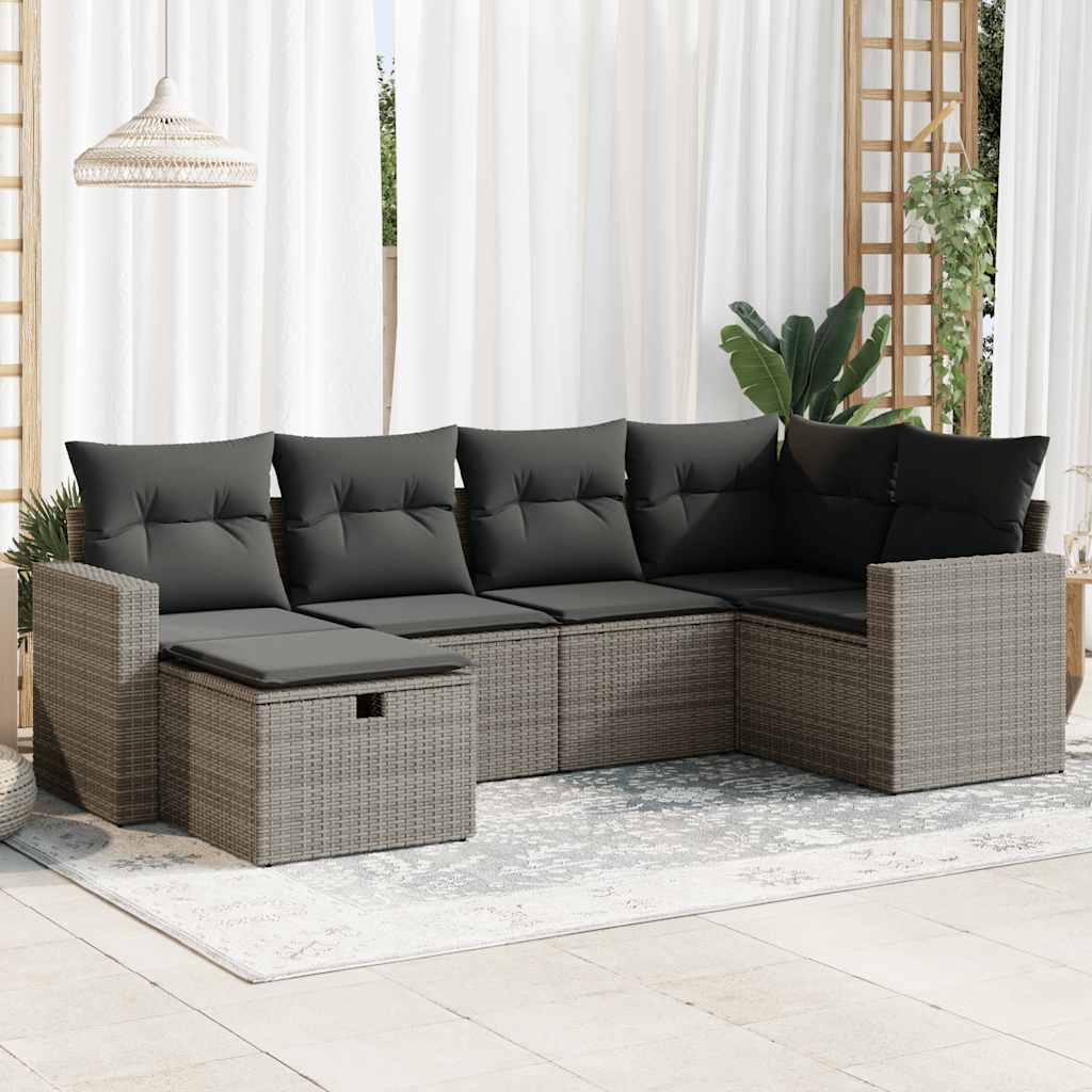 6-tlg. Garten-Sofagarnitur mit Kissen Schwarz Poly Rattan