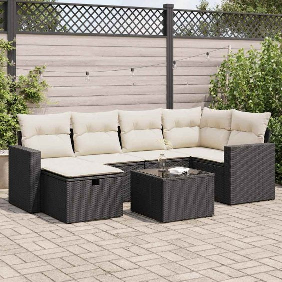 6-tlg. Garten-Sofagarnitur mit Kissen Schwarz Poly Rattan
