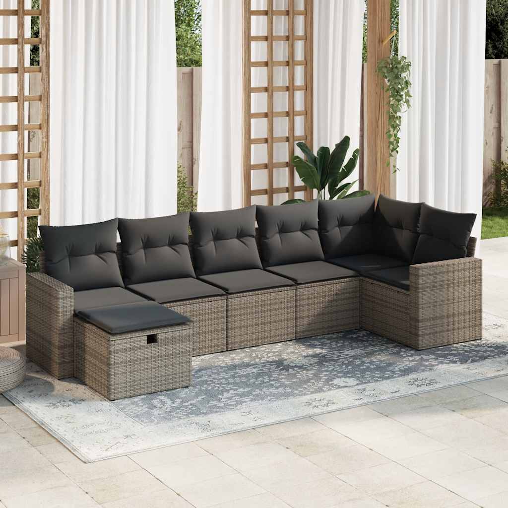 7-tlg. Garten-Sofagarnitur mit Kissen Schwarz Poly Rattan