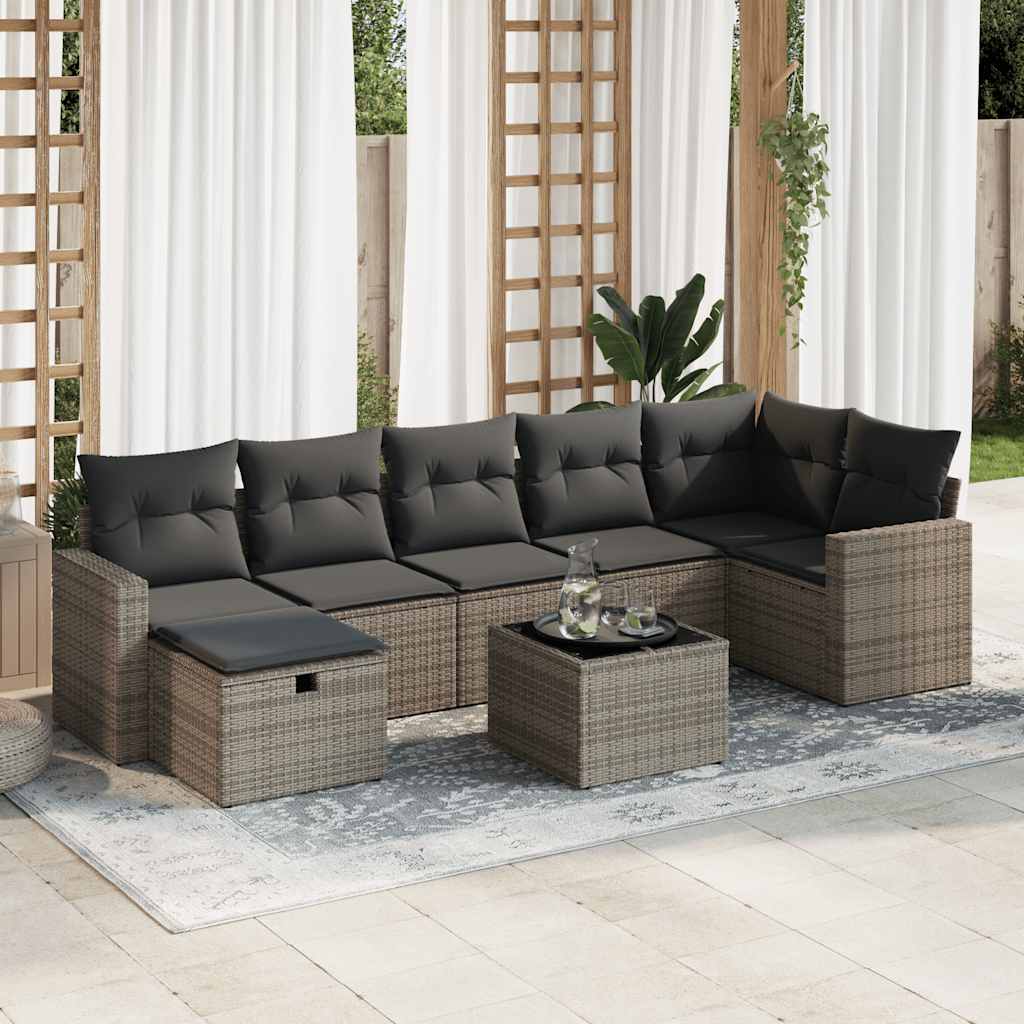 7-tlg. Garten-Sofagarnitur mit Kissen Schwarz Poly Rattan