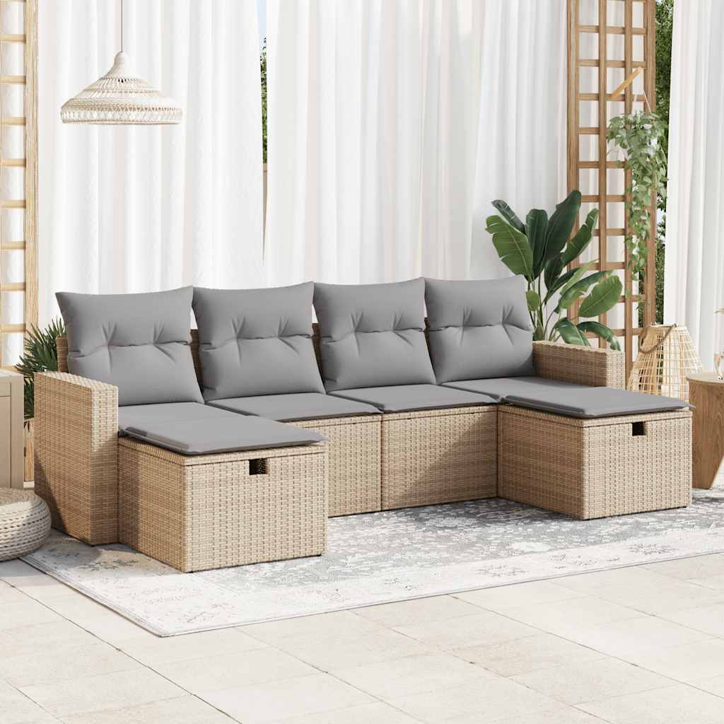 6-tlg. Garten-Sofagarnitur mit Kissen Schwarz Poly Rattan