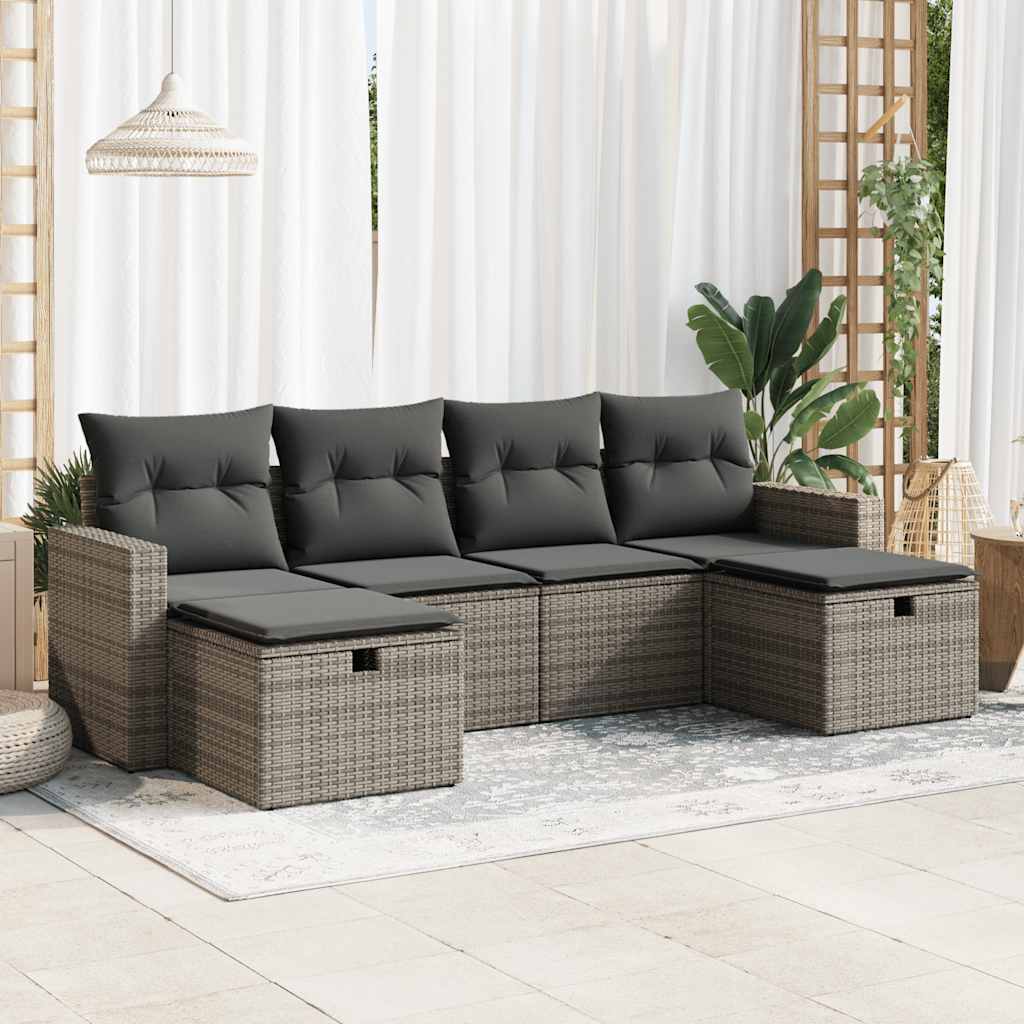 6-tlg. Garten-Sofagarnitur mit Kissen Schwarz Poly Rattan