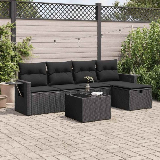 5-tlg. Garten-Sofagarnitur mit Kissen Schwarz Poly Rattan