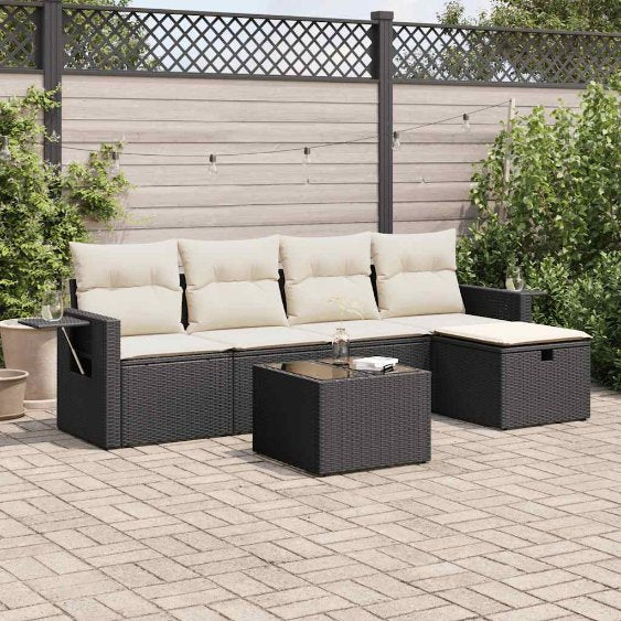 5-tlg. Garten-Sofagarnitur mit Kissen Schwarz Poly Rattan