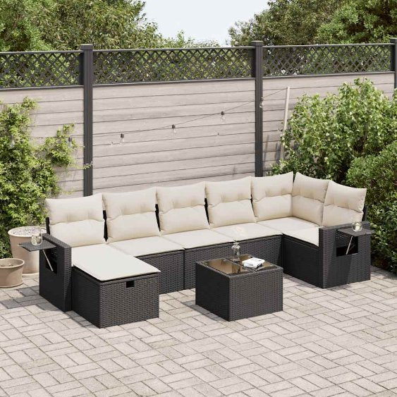 7-tlg. Garten-Sofagarnitur mit Kissen Schwarz Poly Rattan