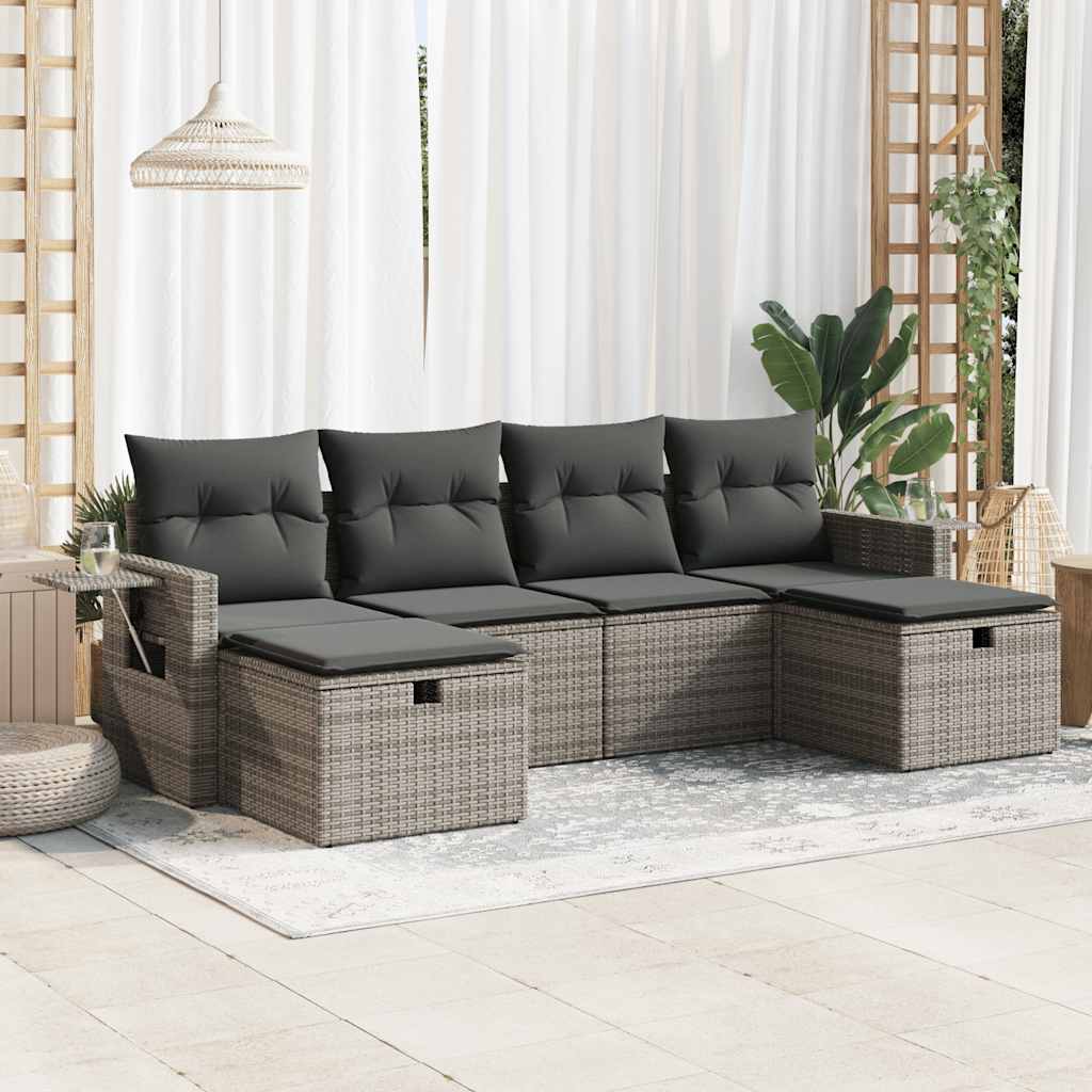 6-tlg. Garten-Sofagarnitur mit Kissen Schwarz Poly Rattan