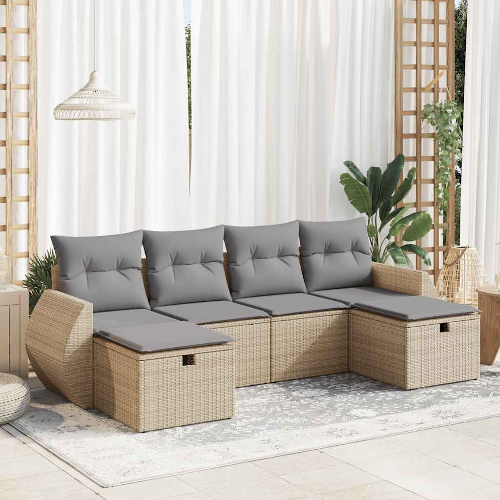 6-tlg. Garten-Sofagarnitur mit Kissen Schwarz Poly Rattan