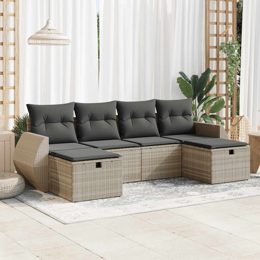 6-tlg. Garten-Sofagarnitur mit Kissen Schwarz Poly Rattan