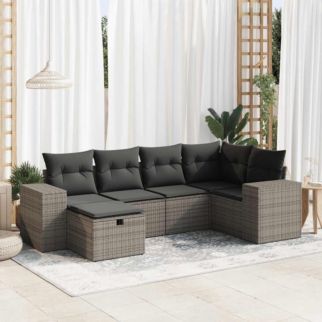 6-tlg. Garten-Sofagarnitur mit Kissen Schwarz Poly Rattan