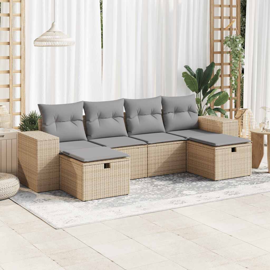 6-tlg. Garten-Sofagarnitur mit Kissen Schwarz Poly Rattan