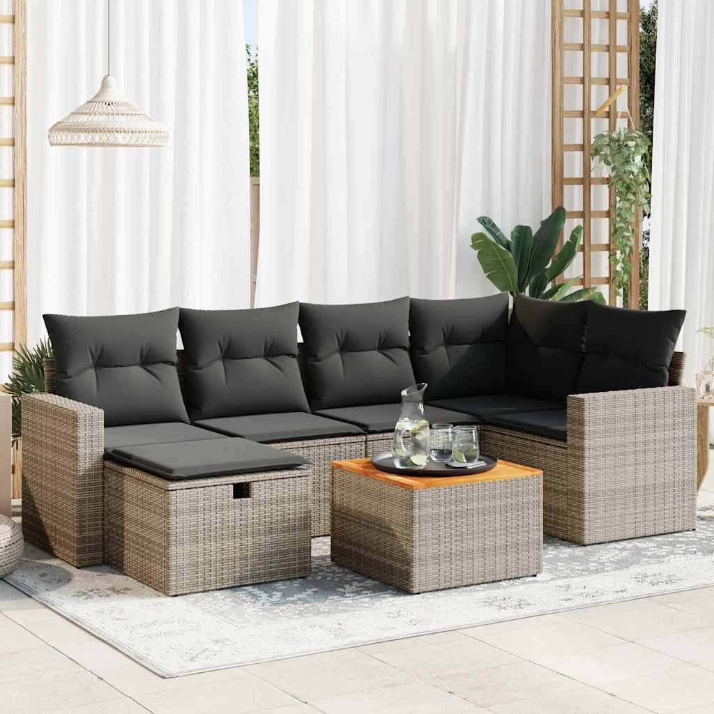 7-tlg. Garten-Sofagarnitur mit Kissen Schwarz Poly Rattan