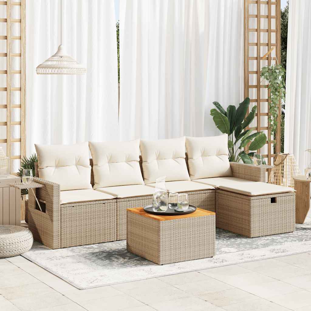 6-tlg. Garten-Sofagarnitur mit Kissen Schwarz Poly Rattan