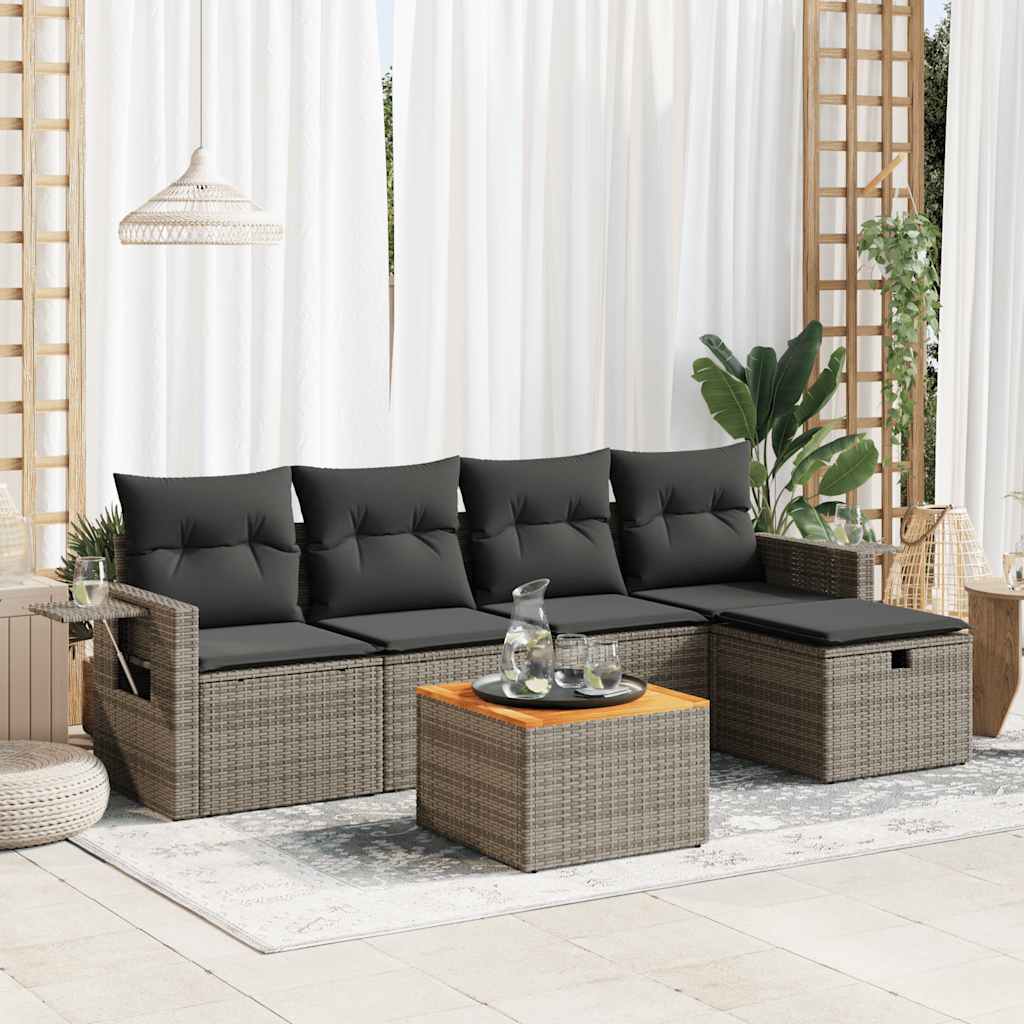 6-tlg. Garten-Sofagarnitur mit Kissen Schwarz Poly Rattan