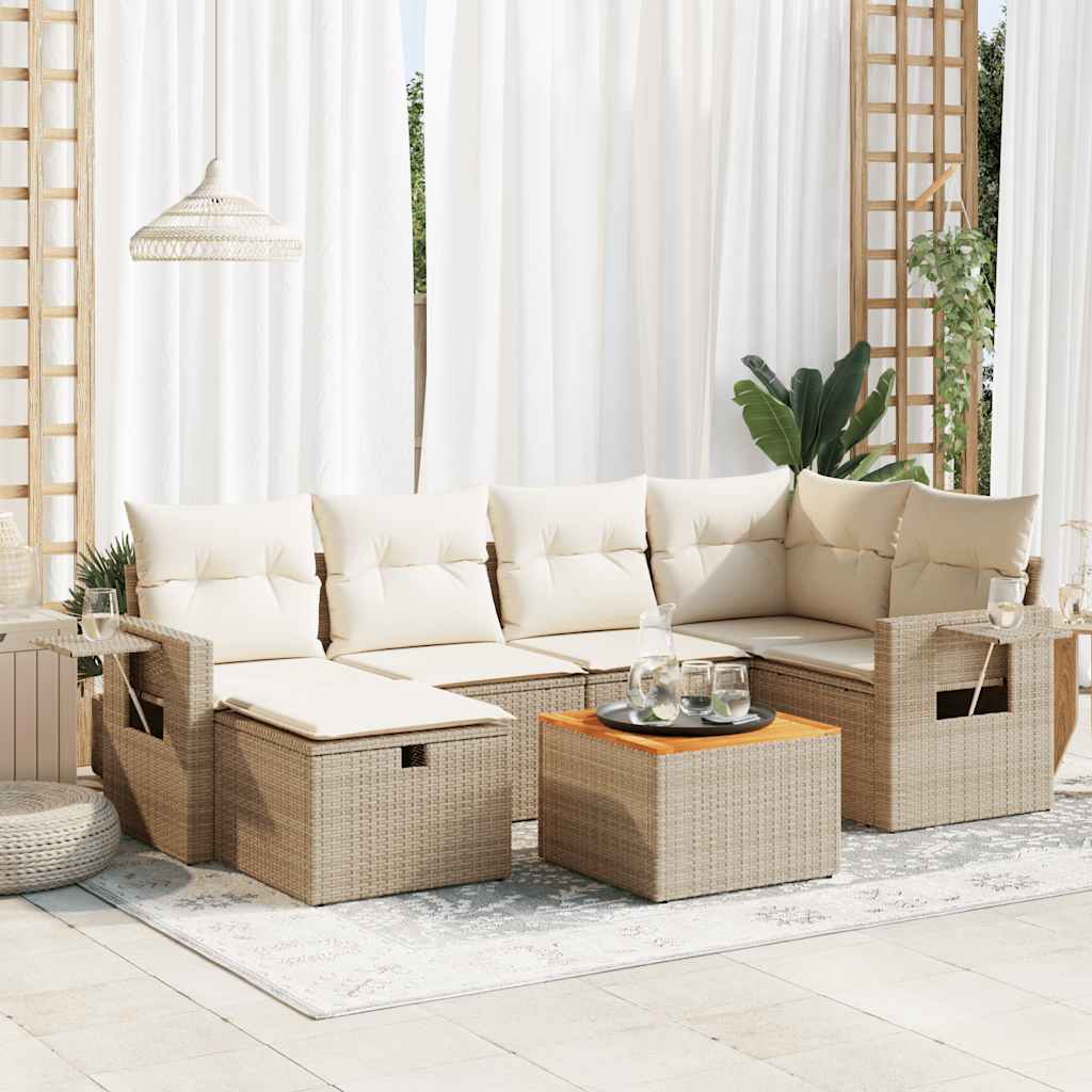 7-tlg. Garten-Sofagarnitur mit Kissen Schwarz Poly Rattan