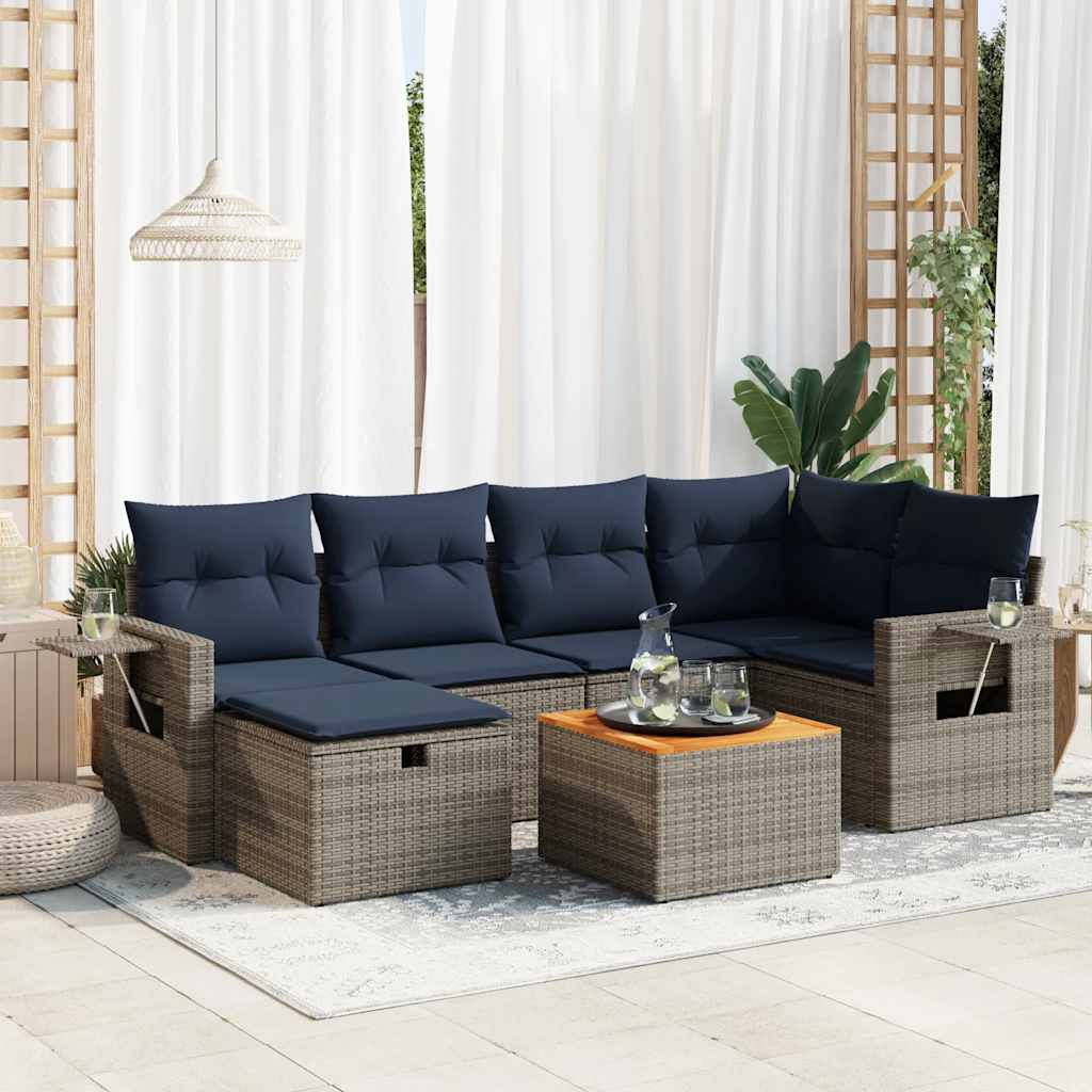 7-tlg. Garten-Sofagarnitur mit Kissen Schwarz Poly Rattan