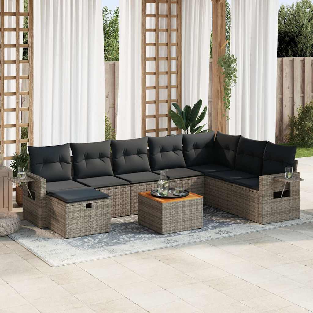 9-tlg. Garten-Sofagarnitur mit Kissen Schwarz Poly Rattan
