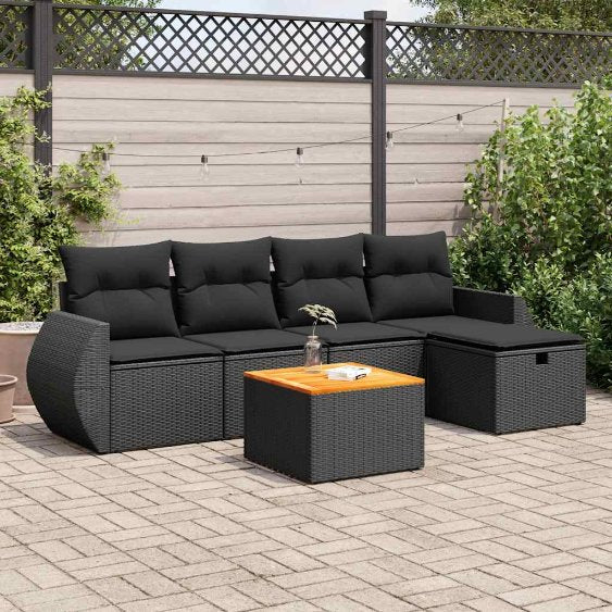 6-tlg. Garten-Sofagarnitur mit Kissen Schwarz Poly Rattan