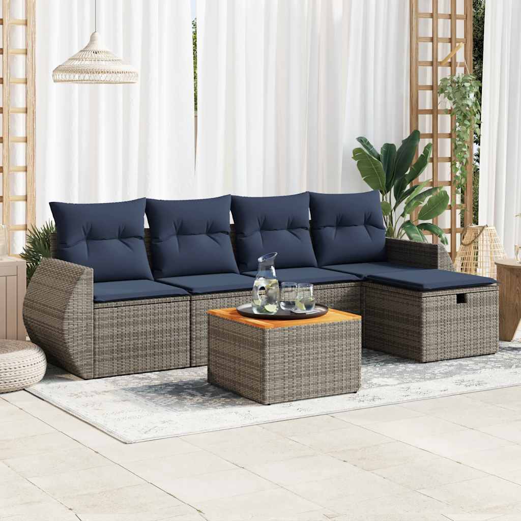 6-tlg. Garten-Sofagarnitur mit Kissen Schwarz Poly Rattan