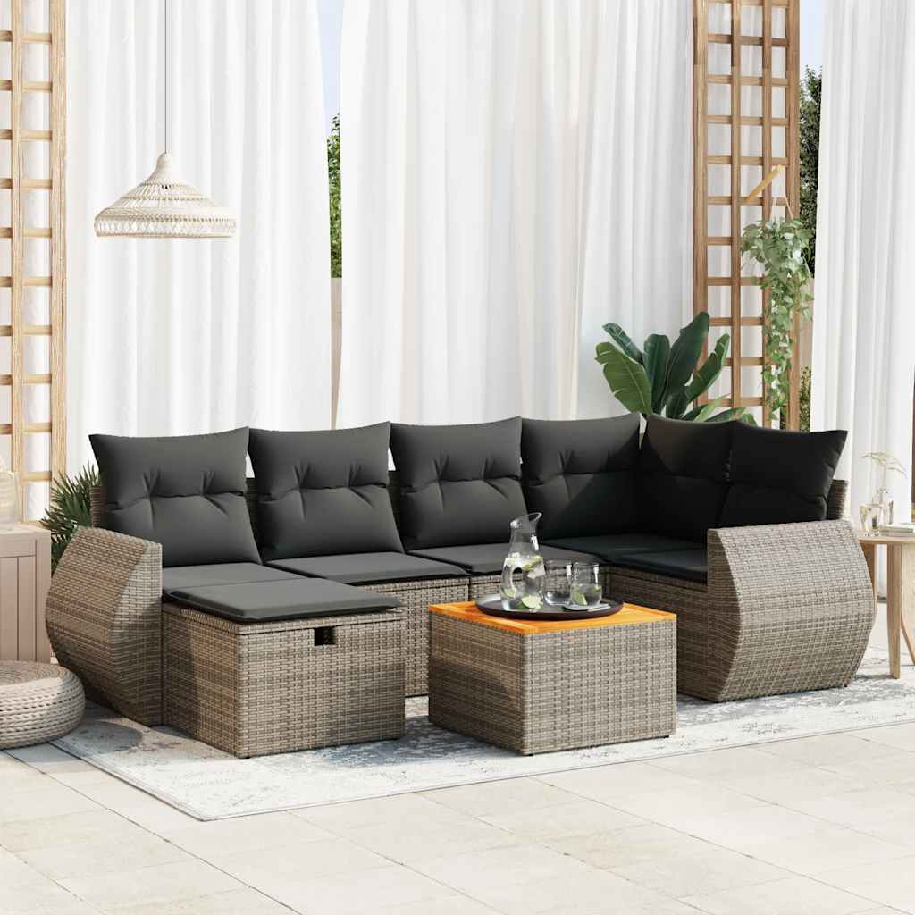 7-tlg. Garten-Sofagarnitur mit Kissen Schwarz Poly Rattan