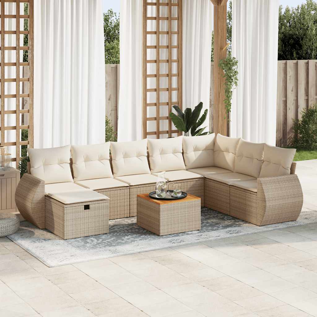 9-tlg. Garten-Sofagarnitur mit Kissen Schwarz Poly Rattan