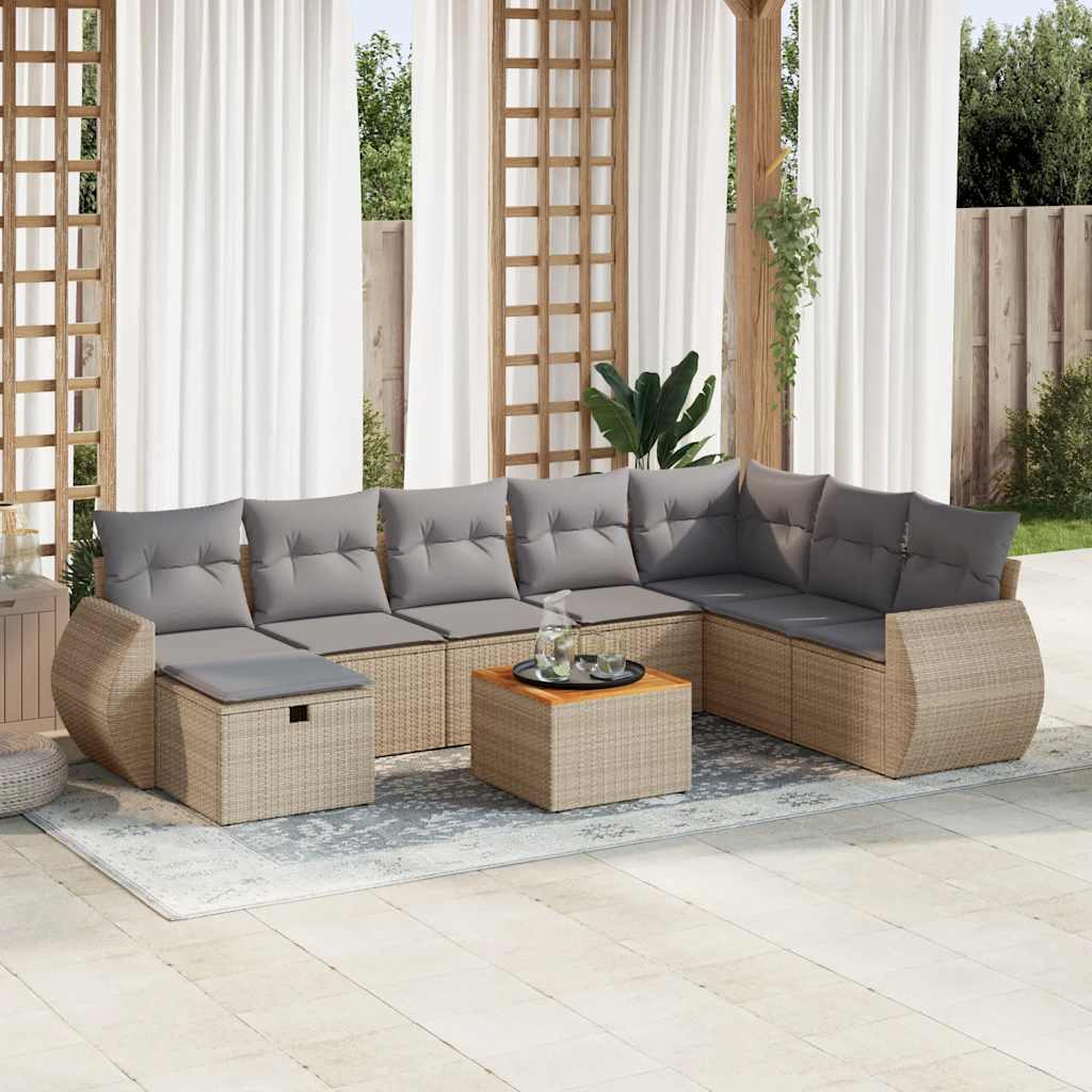 9-tlg. Garten-Sofagarnitur mit Kissen Schwarz Poly Rattan