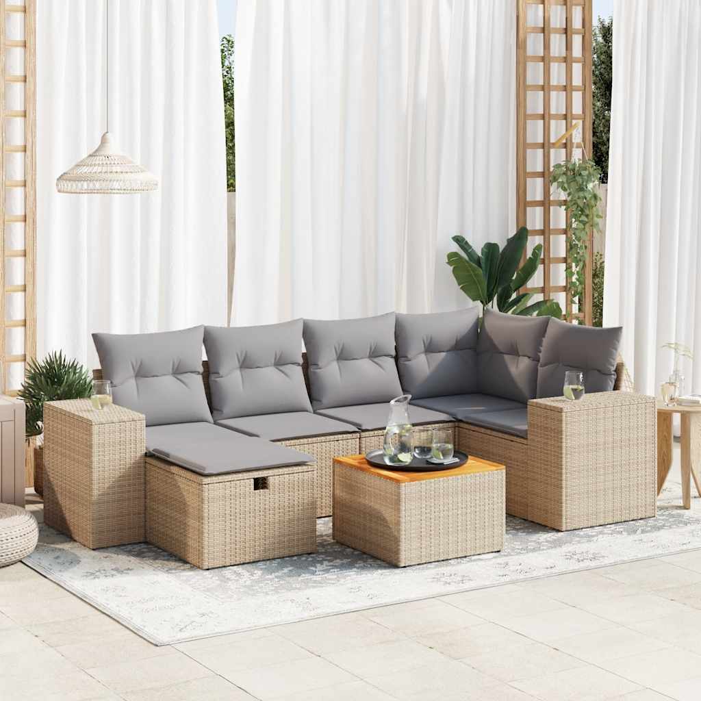 7-tlg. Garten-Sofagarnitur mit Kissen Schwarz Poly Rattan