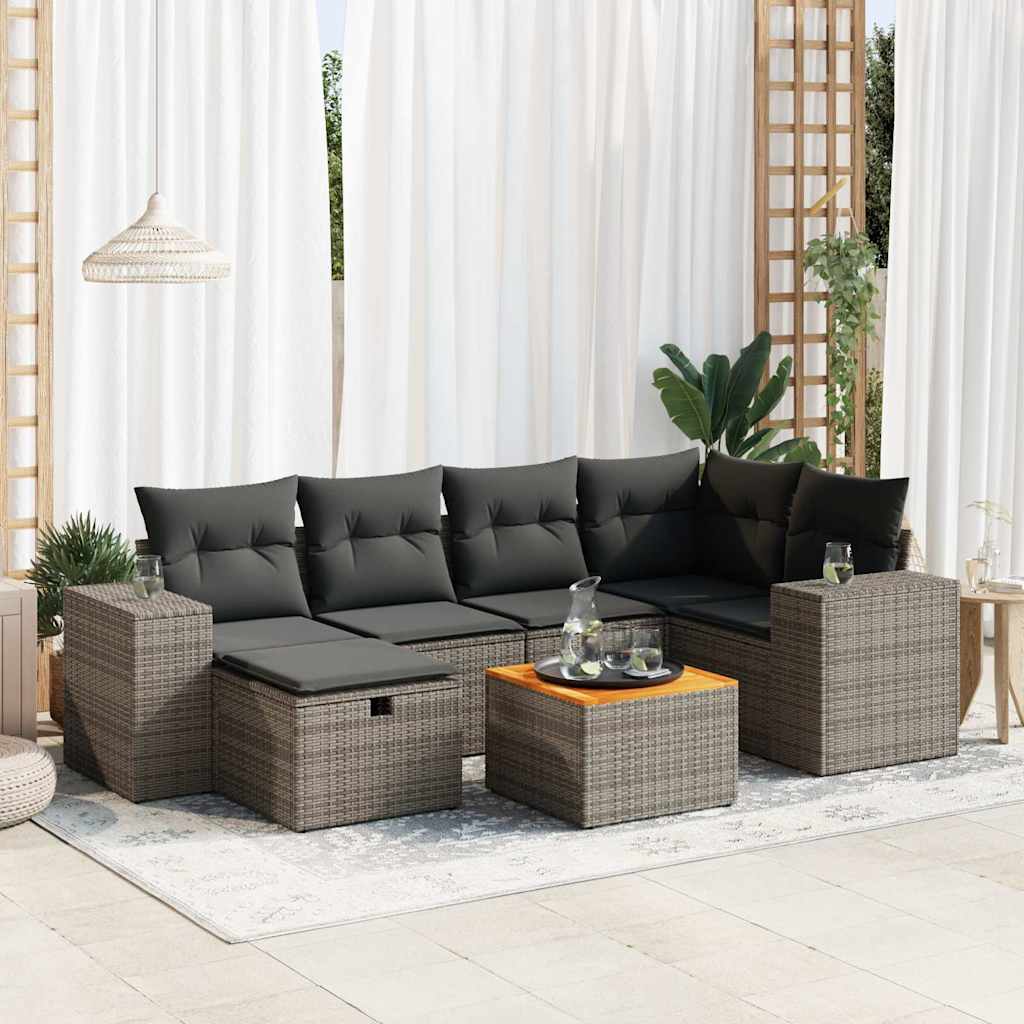 7-tlg. Garten-Sofagarnitur mit Kissen Schwarz Poly Rattan