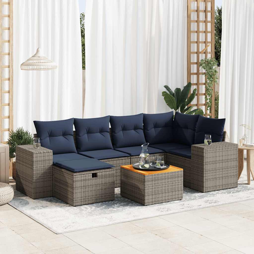 7-tlg. Garten-Sofagarnitur mit Kissen Schwarz Poly Rattan