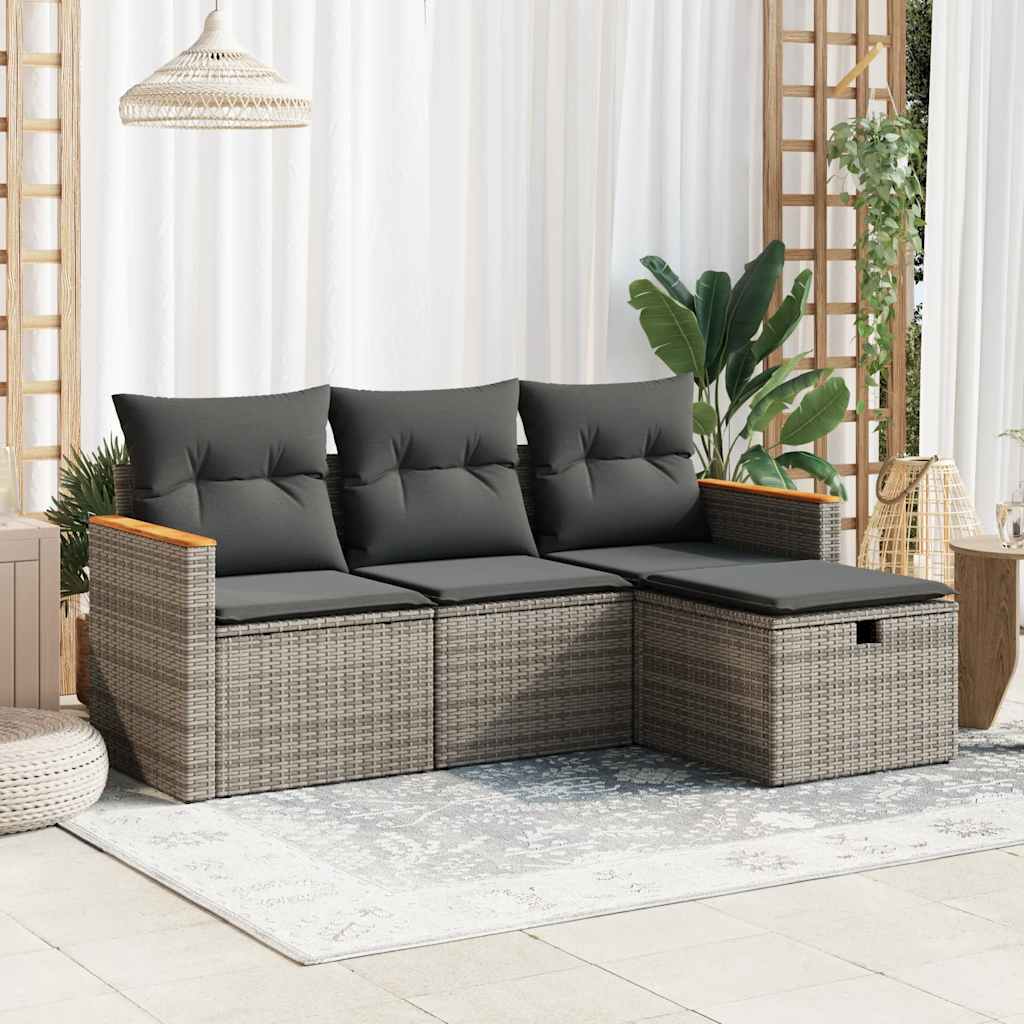 4-tlg. Garten-Sofagarnitur mit Kissen Schwarz Poly Rattan
