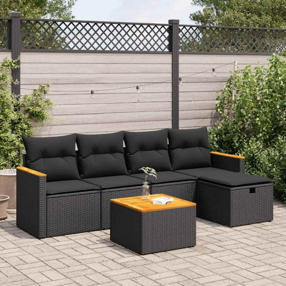 5-tlg. Garten-Sofagarnitur mit Kissen Schwarz Poly Rattan