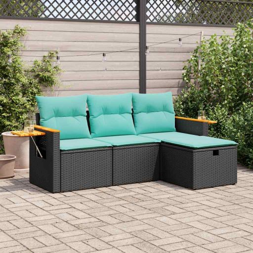 4-tlg. Garten-Sofagarnitur mit Kissen Grau Poly Rattan