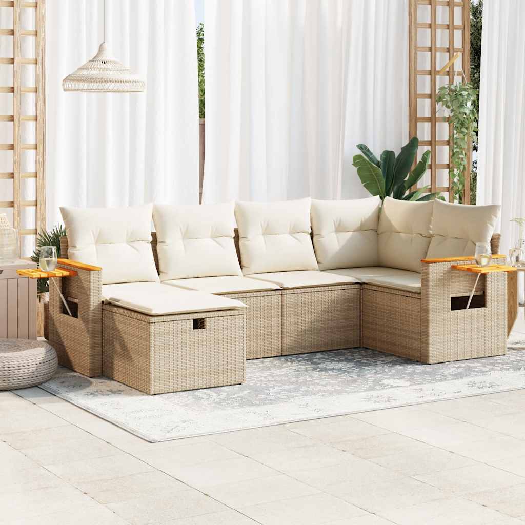 6-tlg. Garten-Sofagarnitur mit Kissen Schwarz Poly Rattan