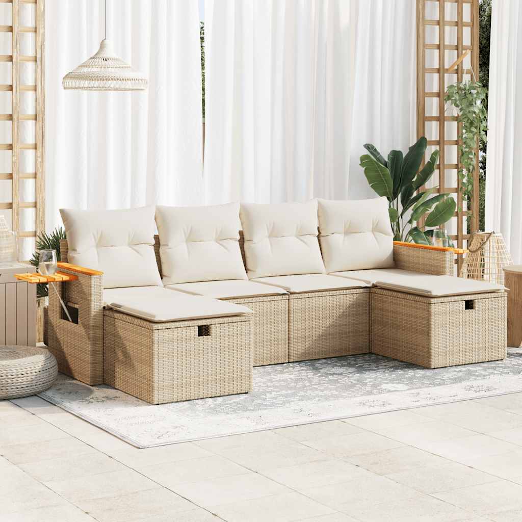 6-tlg. Garten-Sofagarnitur mit Kissen Schwarz Poly Rattan
