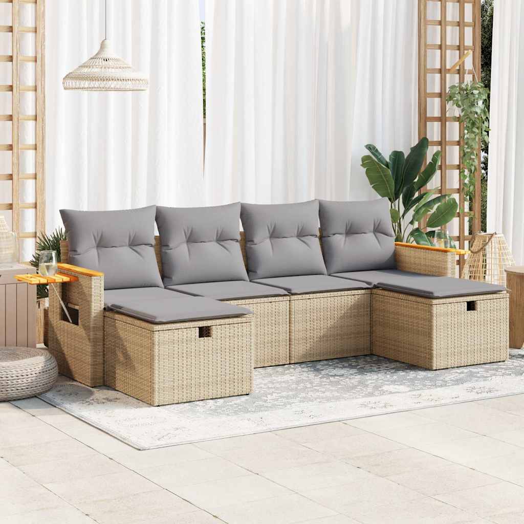 6-tlg. Garten-Sofagarnitur mit Kissen Schwarz Poly Rattan