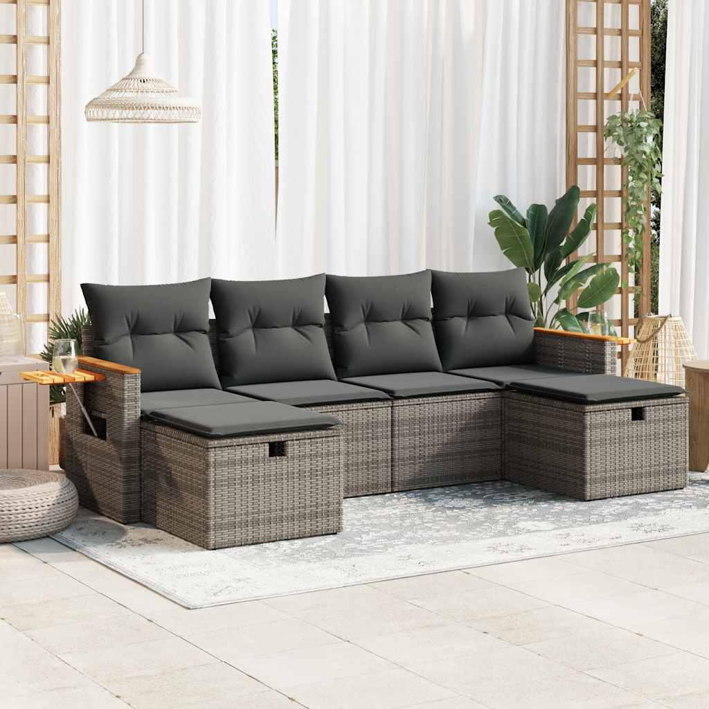 6-tlg. Garten-Sofagarnitur mit Kissen Schwarz Poly Rattan