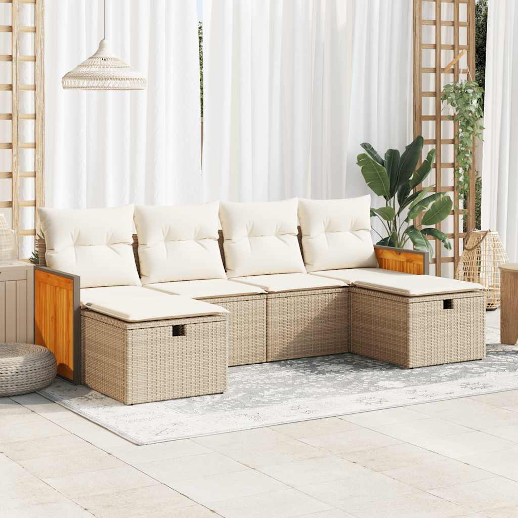 6-tlg. Garten-Sofagarnitur mit Kissen Schwarz Poly Rattan