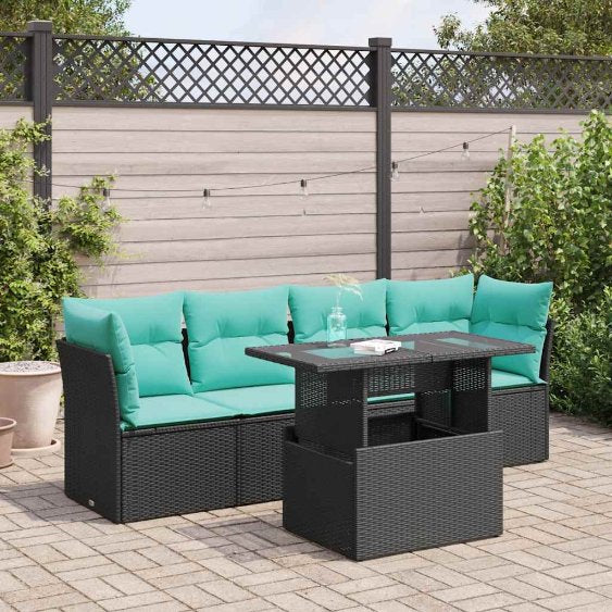5-teiliges Gartensofa-Set mit Kissen, schwarzes Polyrattan