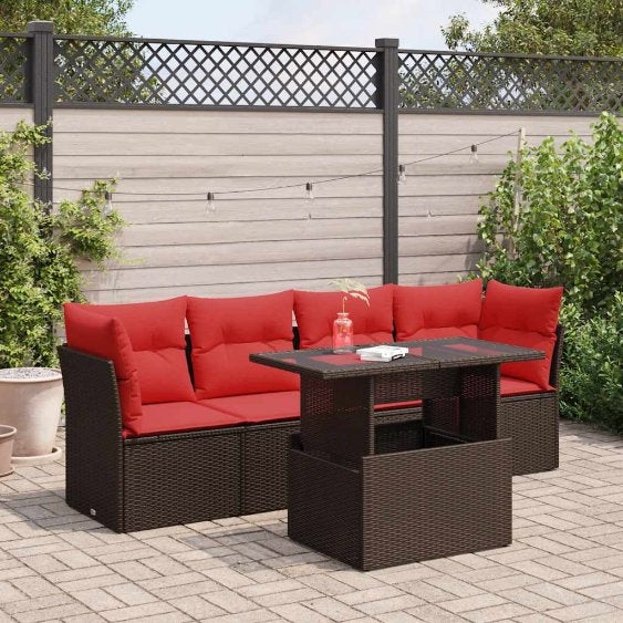 5-teiliges Gartensofa-Set mit Kissen, schwarzes Polyrattan