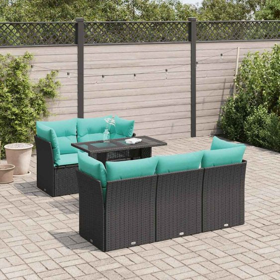 6-tlg. Garten-Sofagarnitur mit Kissen Schwarz Poly Rattan