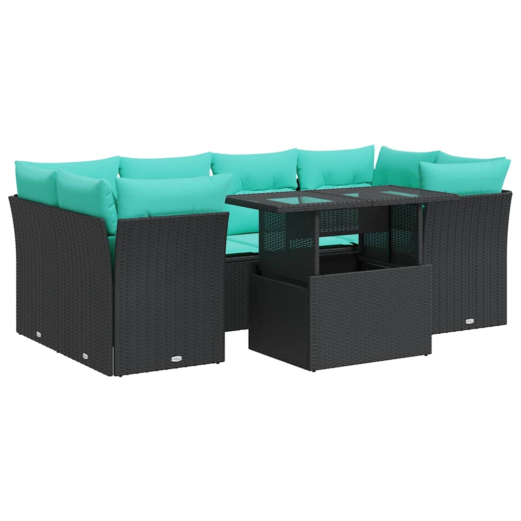 7-tlg. Garten-Sofagarnitur mit Kissen Schwarz Poly Rattan