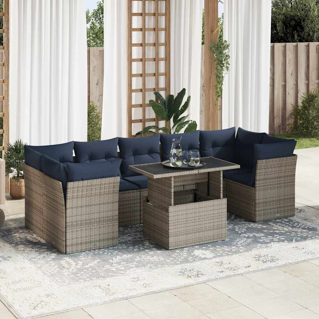 8-teiliges Gartensofa-Set mit Kissen, schwarzes Polyrattan