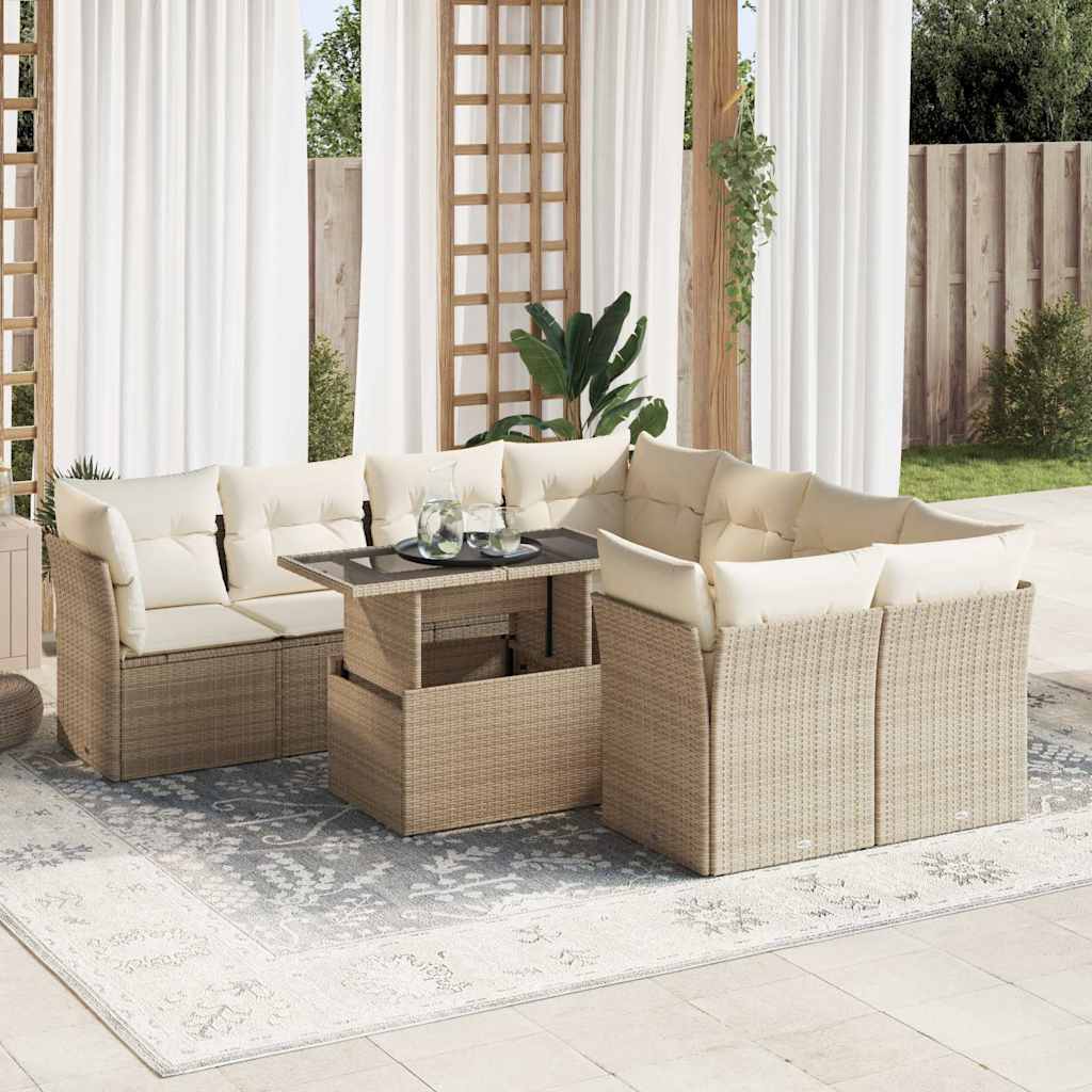 9-tlg. Garten-Sofagarnitur mit Kissen Schwarz Poly Rattan