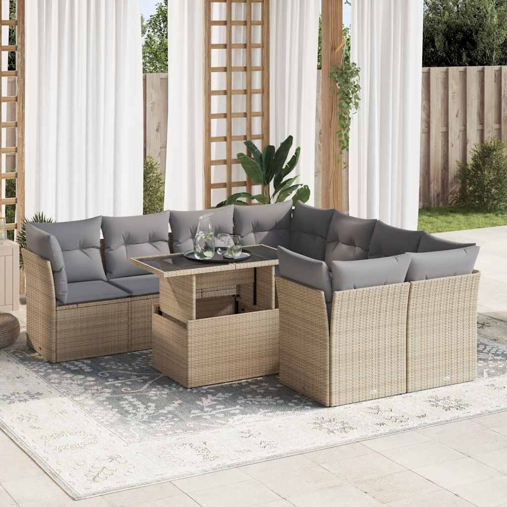 9-tlg. Garten-Sofagarnitur mit Kissen Schwarz Poly Rattan