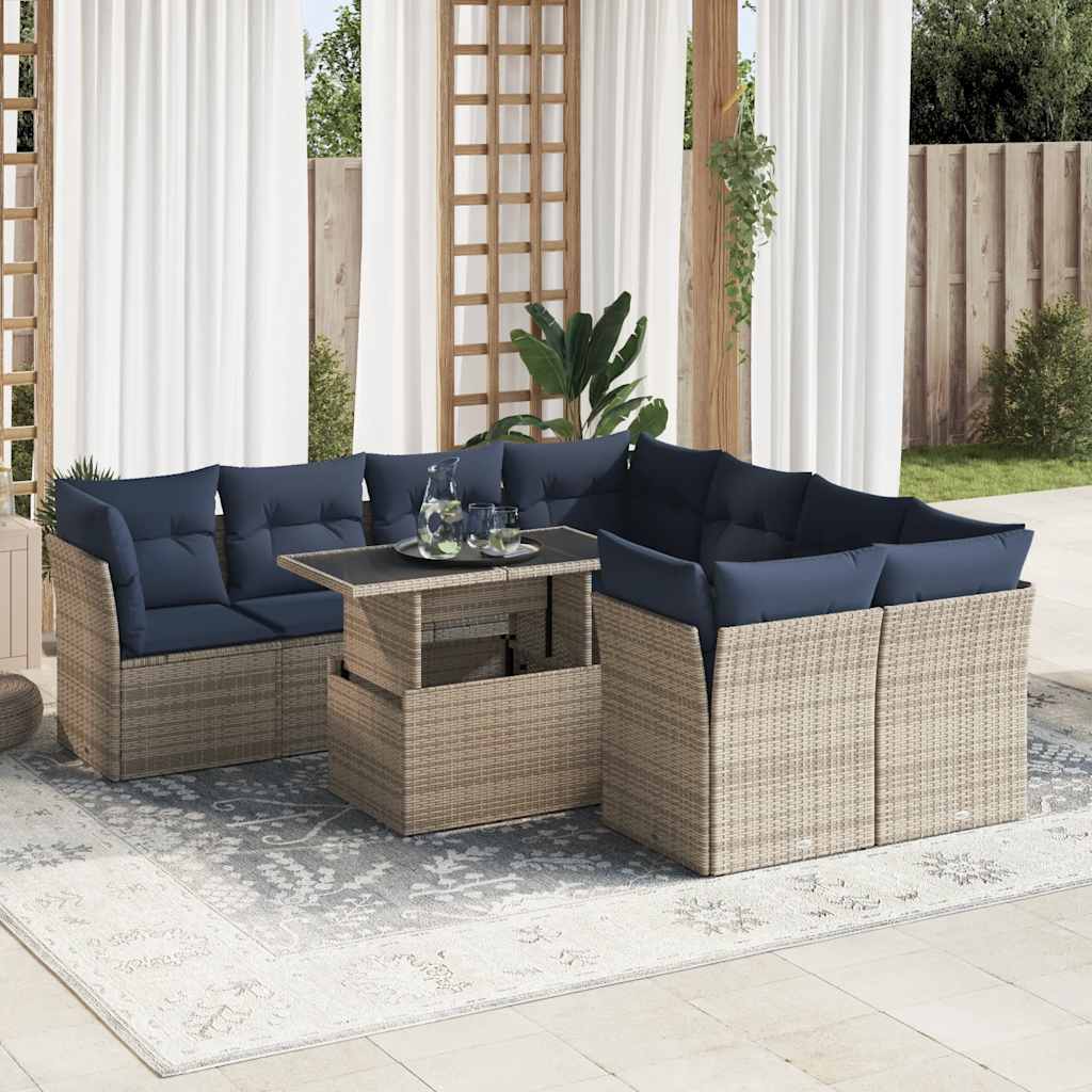 9-teiliges Gartensofa-Set mit Kissen, schwarzes Polyrattan