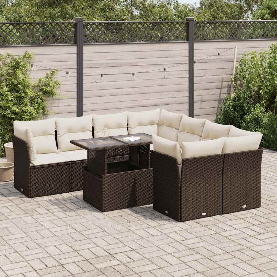 9-tlg. Garten-Sofagarnitur mit Kissen Schwarz Poly Rattan