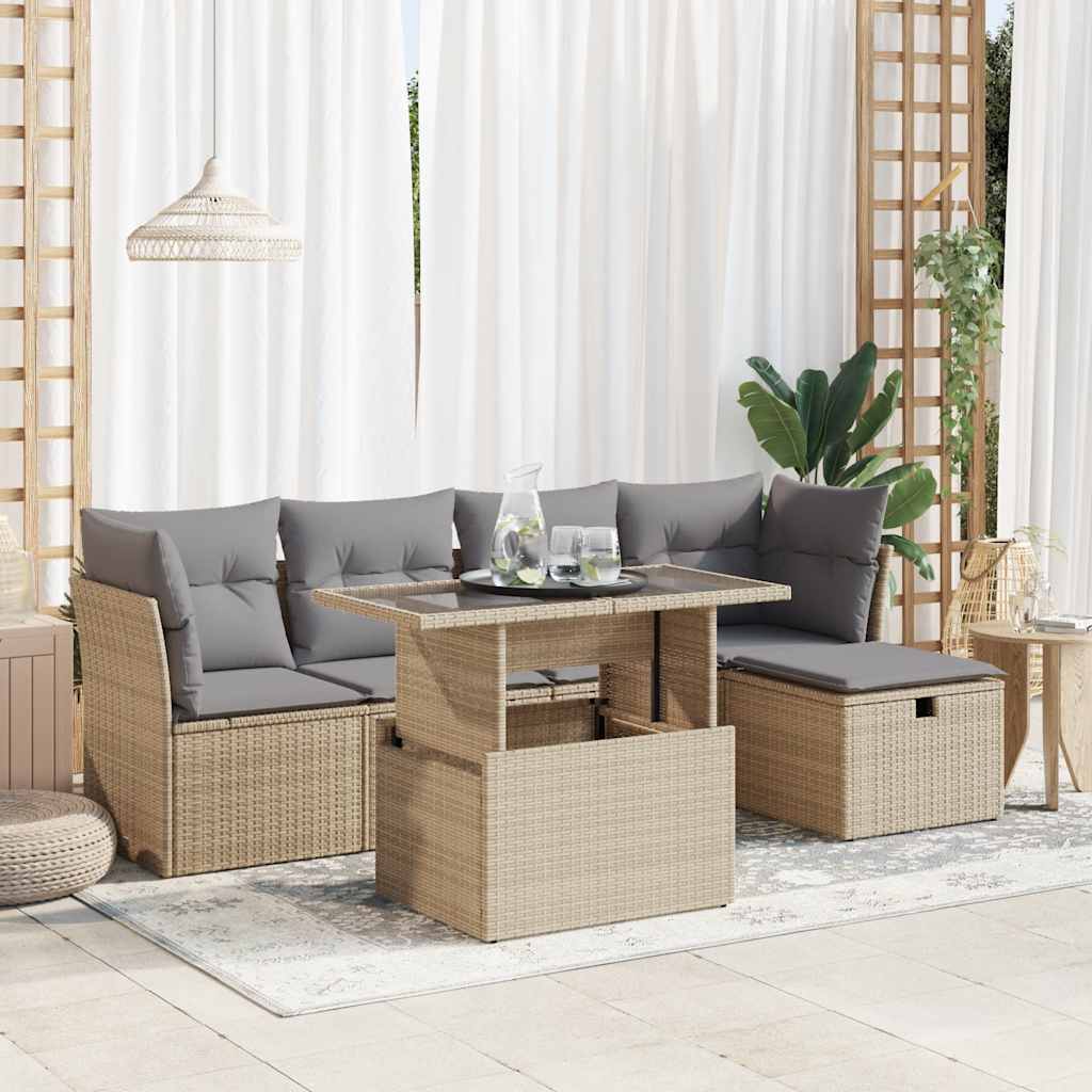 6-tlg. Garten-Sofagarnitur mit Kissen Schwarz Poly Rattan